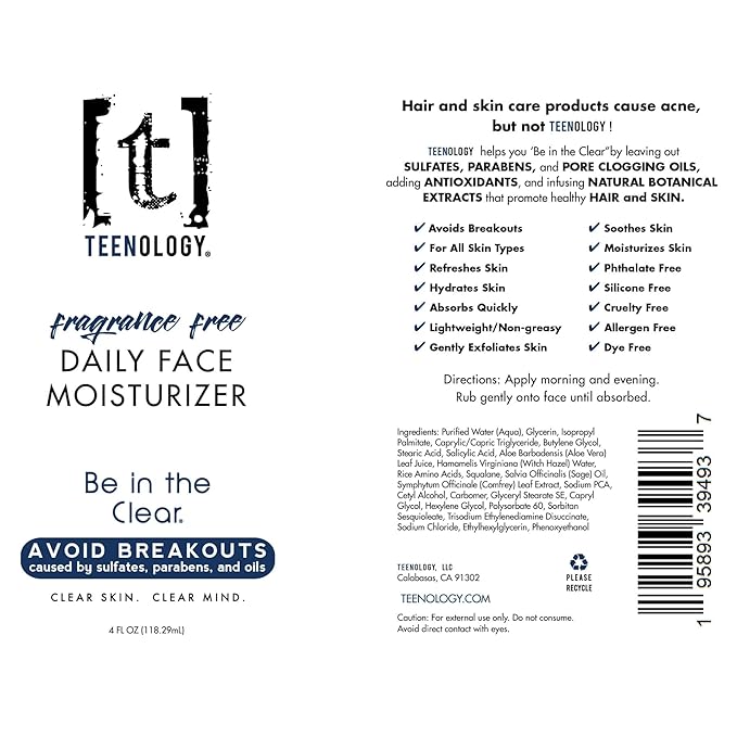 Teenology Fragrance Free Face Moisturizer for Teens - Avoid Acne and Breakouts - 4 Ounce
