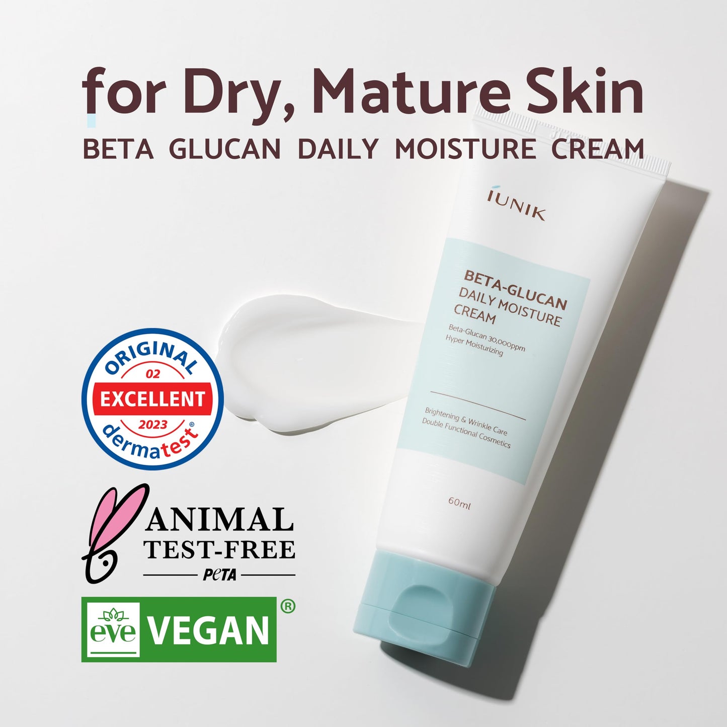 IUNIK Beta-Glucan Vegan Lightweight Non-Sticky Deep Moisture Watery Cream Lotion Daily Moisturizer Quick Absorption Dry Mature Sensitive Fine lines Skin Naturally-Derived Centella Vitamin Korean