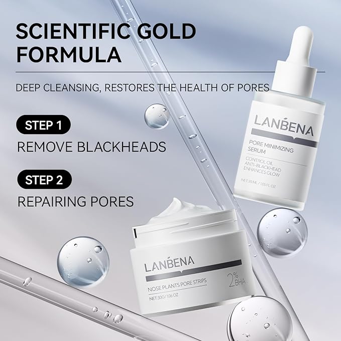 LANBENA 3-in-1 Blackhead Removal Set - Pore Strips (30g), Pore Minimizing Serum (30ml) & Removal Paper - Mask for Face, Minimizes Pores & Leaves Skin Fresh & Clean, Blackhead Remover