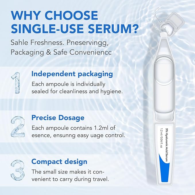 3% Hyaluronic Acid Serum for Face,Ultra-Hydrating Wake Nature Perfection Hyaluronic Acid, Hydration & Moisture Facial Serum for Fine Lines & Wrinkles, Single-Use (1.2 ml)*30