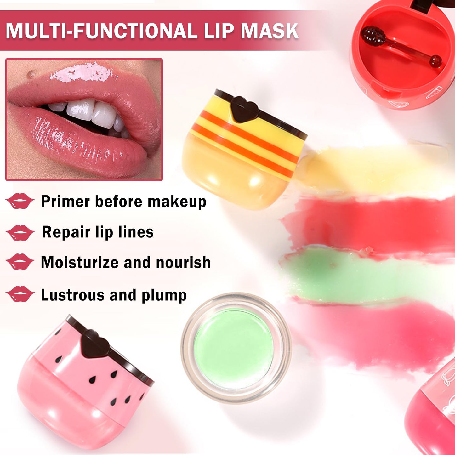 AOAZXBB 4 PCS Bee Lip Balm Honey Pot Honey Lip Balm,Honey Strawberry Watermelon Apple Lip Mask,Sleeping Lip Mask Reduces Lip Lines,Hydrating Exfoliating Lip Balm