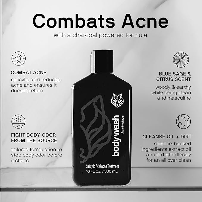 Black Wolf Salicylic Acid Body Wash for Men - Acne Body Wash - Charcoal Helps Reduce Acne Breakouts & Cleanse Your Skin - Full Coverage & Deep Clean Treatment - Men's Bodywash, 10 Fl Oz