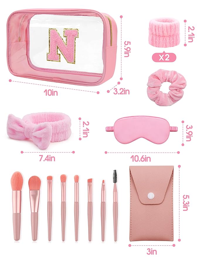 Gift Sets for Women, Initial Makeup Bag with Makeup Brush Set Bachelorette Party Favors, Pink Spa Kit with Skincare Headbands Wrist Bands Sleepover Party Supplies Gifts for Teen Girls Bridesmaid N