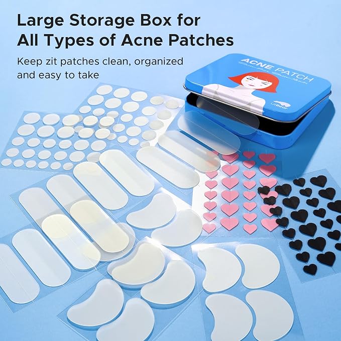 LitBear Acne Pimple Patch, 8 Sizes 140 Pcs Hydrocolloid Acne Patches with Storage Box, 24 XL Pimple Patches for Face, Chin, Nose, 4 Shapes Zits Patches for Blemish, dots with Tea Tree Oil & Cenrella