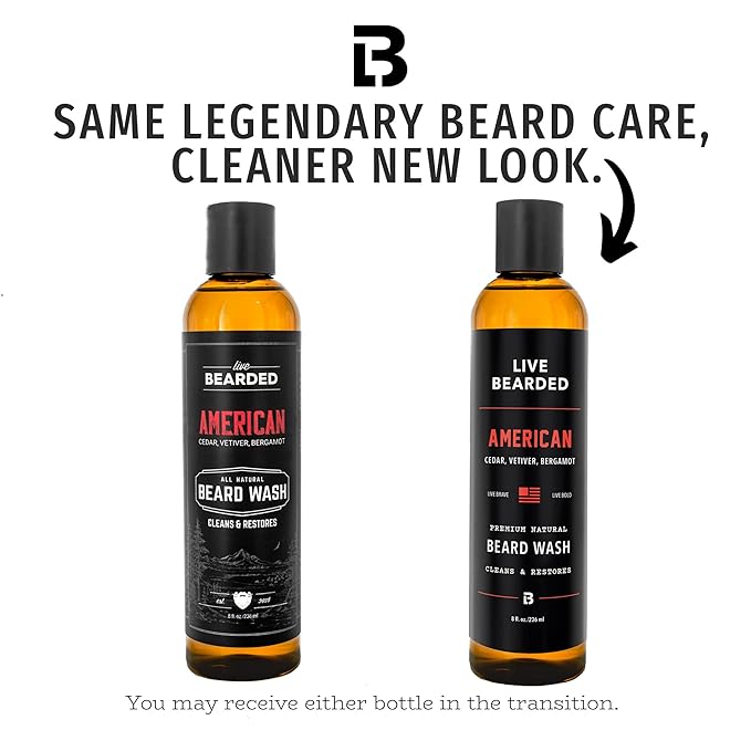 Live Bearded Beard Wash, 8 fl oz - Water-Based Face Cleanser with All-Natural Ingredients for a Gentle, Deep Clean - Made in the USA | American Scent - Cedar, Vetiver, Bergamont
