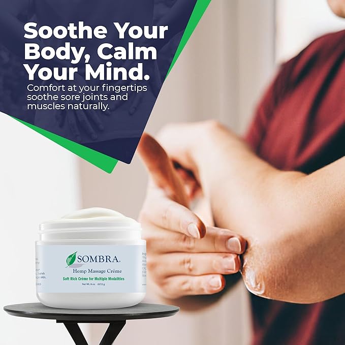 Sombra Hemp Massage Crème – Soothes Sore Muscles with Hemp Extract, Vitamin E, Pumpkin, Kukui, Sweet Almond, Jojoba, Shea Butter, Aloe Vera & Lemongrass, 8oz