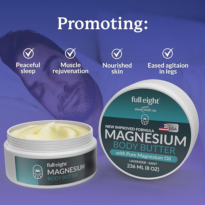 Magnesium Body Butter – New Improved Formula, Quick Ease for Tensed Legs, Tight Muscles & Sleep, Organic Ingredients with Pure Magnesium Oil, Topical Cream, 8oz