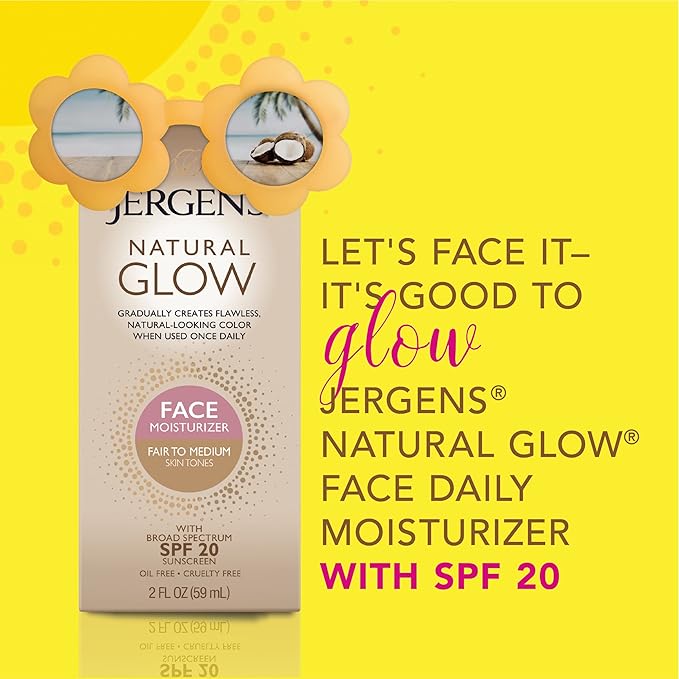 Jergens Natural Glow Face Moisturizer with SPF 20 Sunscreen, Fair to Medium Skin, Oil Free, UVA/UVB Protection - 2 oz