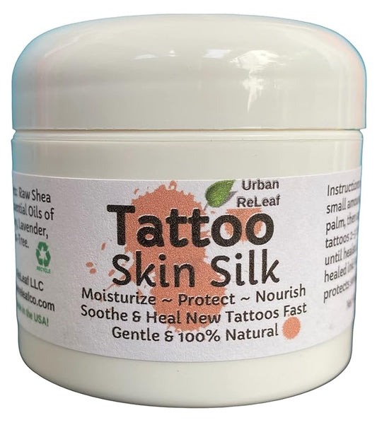 Urban ReLeaf TATTOO SKIN SILK! Calm new ink fast! Brighten old tats! 100% Natural Shea Butter Salve Ointment, Cream Lotion Protect! Vegan. Healing Botanicals! Soothe crusty and tight skin.