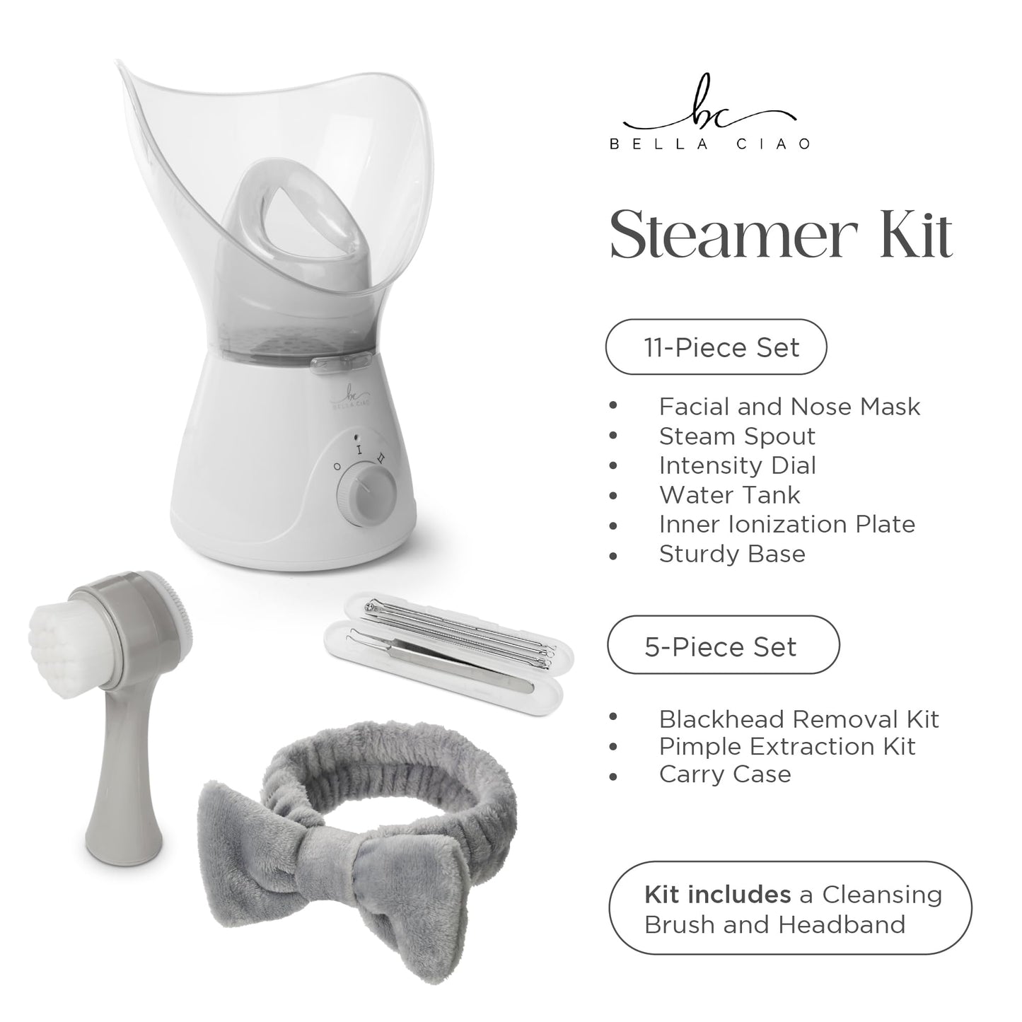 Bella Ciao 11-Piece Gentle Face Steamer Set with 2 Settings, At-Home Facial Spa Kit with Accessories, Facial Essentials, Includes Cleansing Brush and Blackhead-Remover Tools for Deep Pore Cleaning