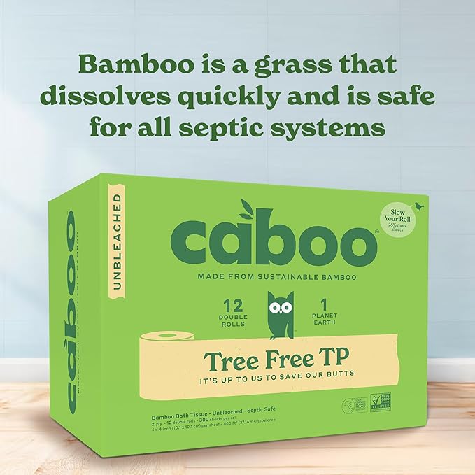 Caboo Tree Free Toilet Paper, Unbleached, Plastic Free Packaging, Septic Safe, Eco Friendly, Chemical Free, Non Toxic, 2 Ply Toilet Tissue, Pack of 12 Double Rolls, 300 Sheets Per Roll
