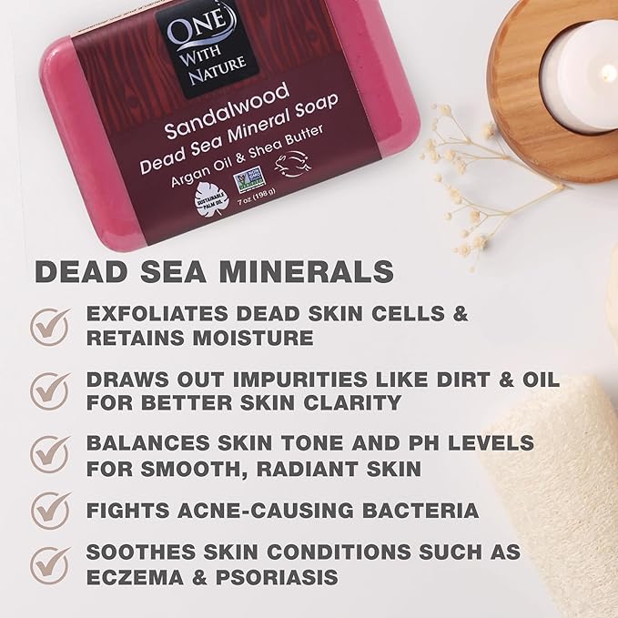 One With Nature Dead Sea Salt Sandalwood Soap 4oz 3-Pack – Purifying and Exfoliating Soap Bar with Dead Sea Minerals and Sandalwood for Face & Body, for Men & Women