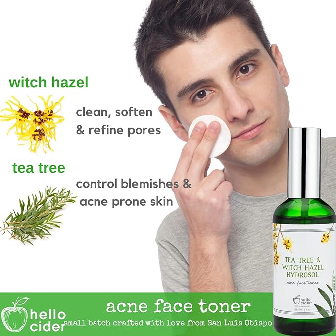 Tea Tree Witch Hazel FACE Toner - Organic Hydrosol, Astringent Facial Spray - Reduce Blemish, Prevent Acnes, Restore pH, Tone. All Skin Type.USA Small Business-Hello Cider