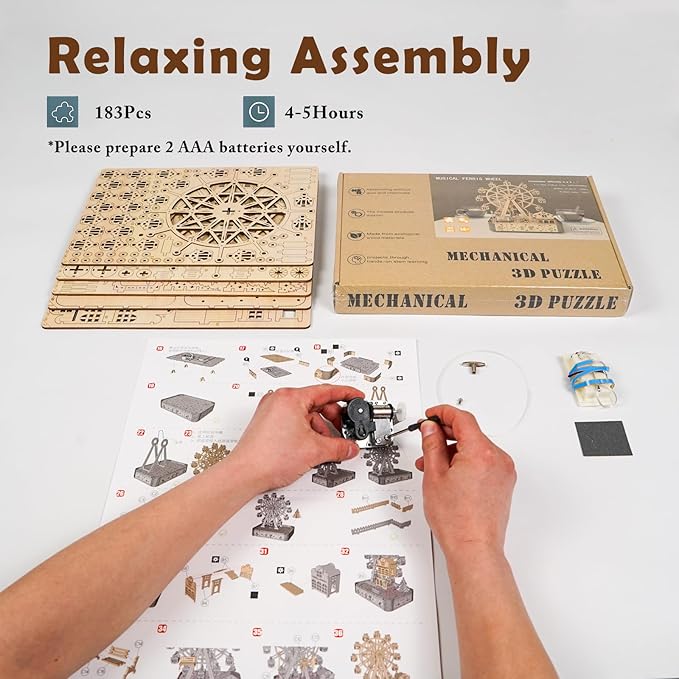 3D Wooden Puzzle Upgraded Ferris Wheels Music Box Model LED Light DIY Crafts Kits Home Decoration Brain Teaser Valentine’s Day Birthday Gift for Adults & Kids (Ferris Wheel LG)