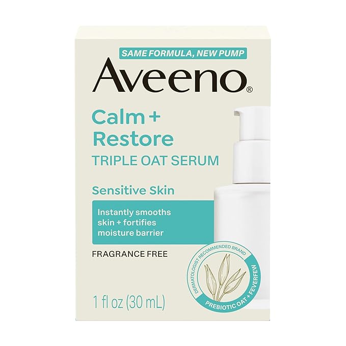 Aveeno Calm + Restore Triple Oat Hydrating Face Serum for Sensitive Skin, Gentle Lightweight Facial Serum Instantly Smooths Skin, Non-Comedogenic, Hypoallergenic & Fragrance-Free, 1 fl. oz
