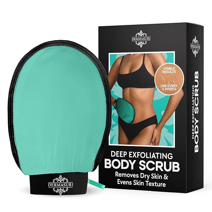 Dermasuri Deep Exfoliating Glove – Korean Exfoliating Body Scrubber for Shower, Buffs Dry & Dead Skin, Keratosis Pilaris Treatment, Body Scrub, Skin Exfoliator for Men & Women, Reusable Teal Mitt