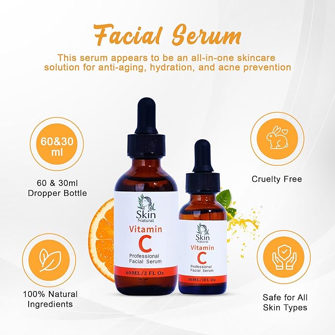 Skin Natural's Vitamin C Facial Serum - Anti-Aging, Brightening & Hydrating - Hyaluronic Acid, Retinol & Vit E - Fades Dark Spots - for All Skin Types, 2 Fl Oz