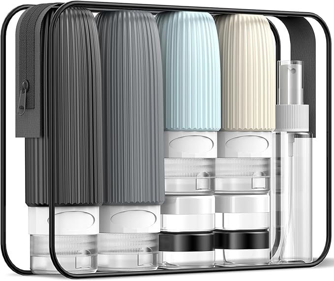 Travel Bottles for Toiletries (18 Pack), TSA Approved Size Silicone Containers Jar Kit, Airplane Essentials Toiletry Bag, Leak Proof Refillable Accessories for Conditioner, Shampoo, Lotion & Body Wash