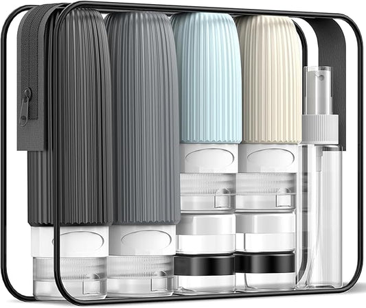 Travel Bottles for Toiletries (18 Pack), TSA Approved Size Silicone Containers Jar Kit, Airplane Essentials Toiletry Bag, Leak Proof Refillable Accessories for Conditioner, Shampoo, Lotion & Body Wash
