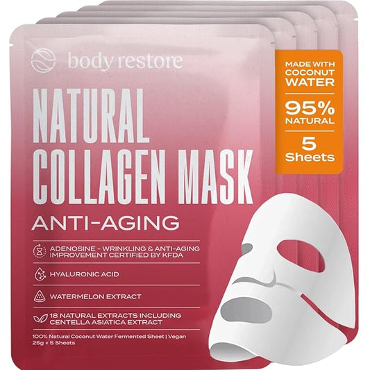 Body Restore Natural Collagen Face Mask 5 Pack – Korean Skin Care Sheet Mask with Fermented Coconut Water – Birthday Gifts for Women & Men, Support Deep Moisture, Dry Skin, Clean Beauty - Anti-Aging