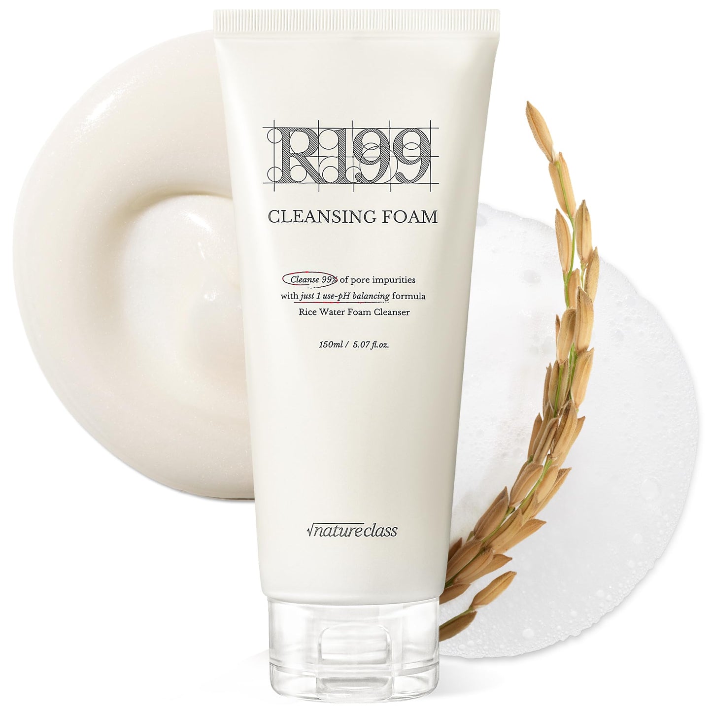 NATURECLASS R199 Gentle Cleansing Foam with Rice Bran Extract–Deep Cleansing,Exfoliating, Hydrating & Low pH Formula for Radiant Skin, Makeup Removal, Korean Skincare 5.07 fl.oz.