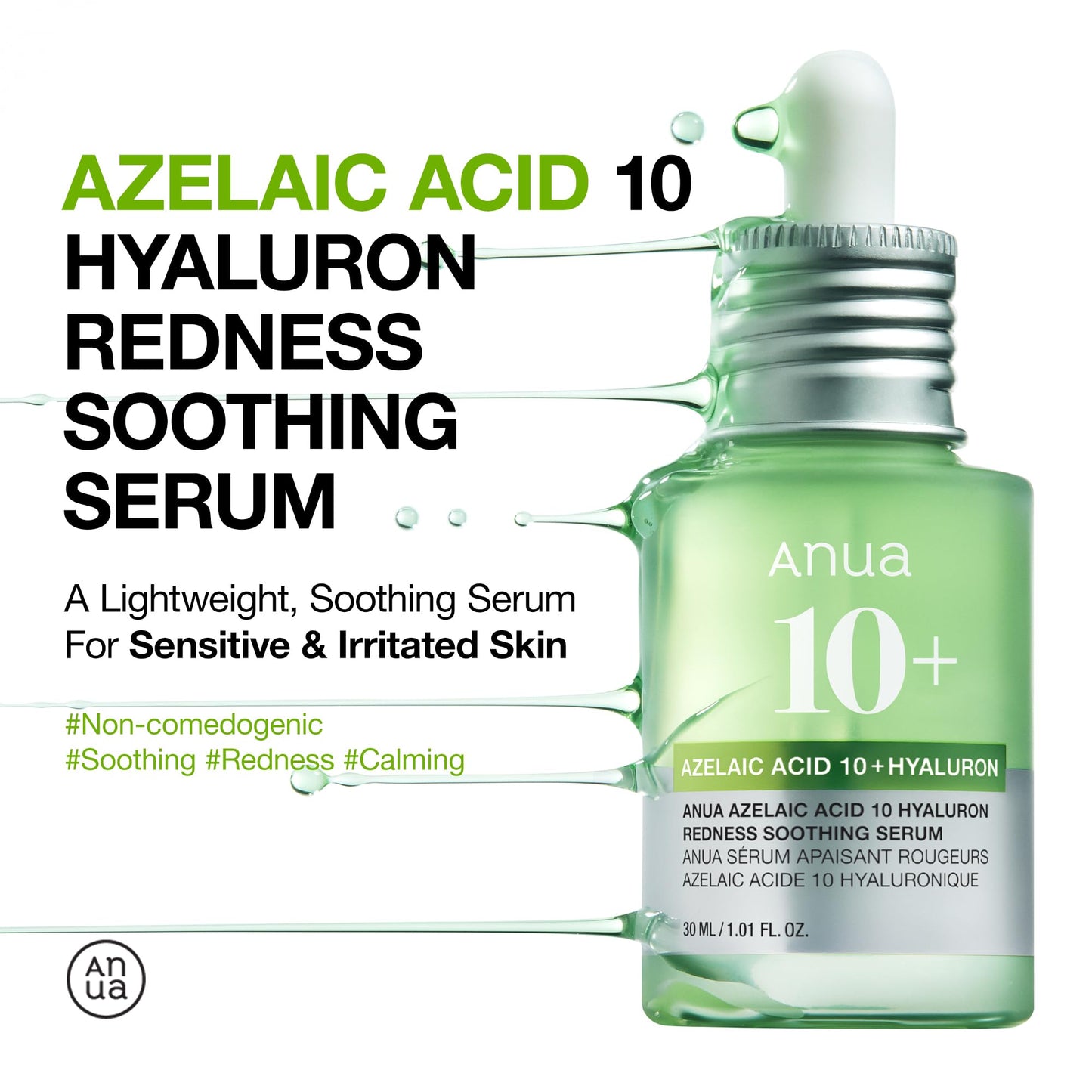 Anua Azelaic Acid 10 Hyaluron Redness Soothing Serum, Facial Serum for Sensitive skin, Hyaluronic Acid, Niacinamide, Spot Care, Natural Color, Vegan, Korean Skincare (30ml/ 1.01 fl oz.)