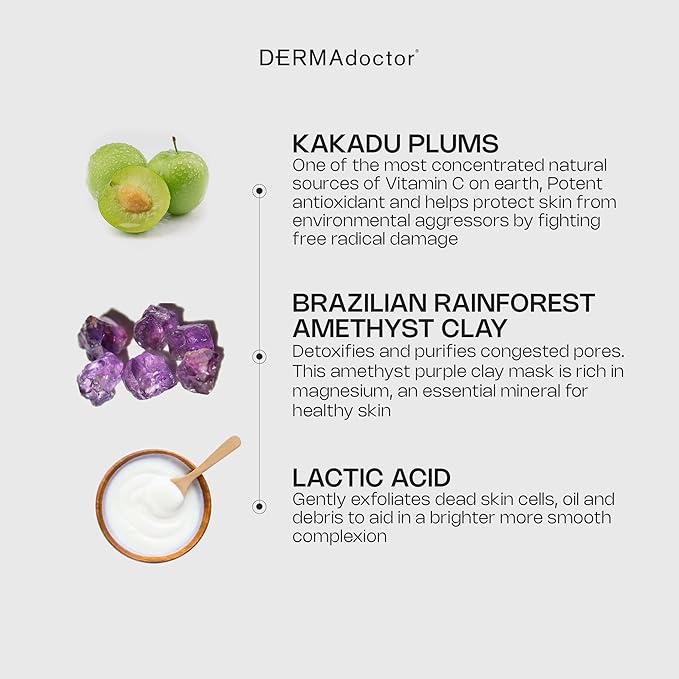 DERMAdoctor Kakadu C Dermatologist Formulated Amethyst Clay Detox Mask; Vitamin C Clay Face Mask for Dark Spots, Dull Skin, Oil Control and Refining Pores - 1.69 oz