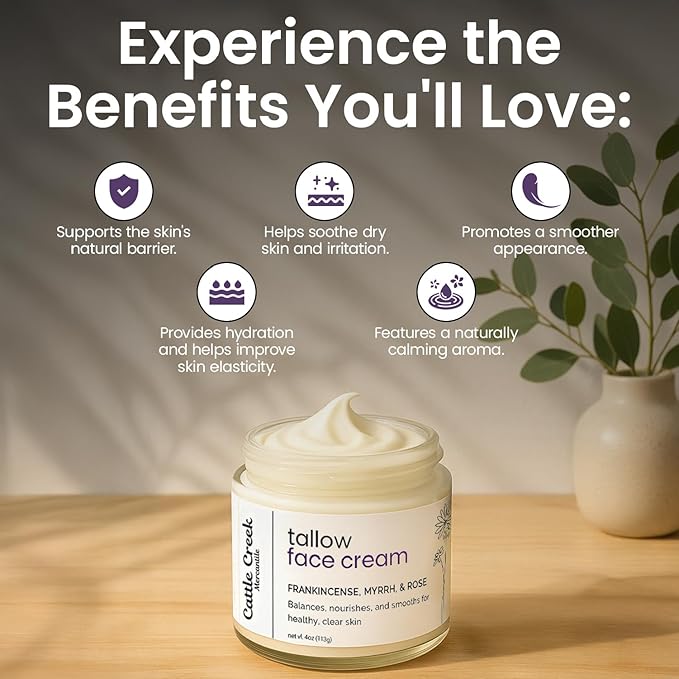 Cattle Creek Tallow Face Moisturizer - Whipped Beef Tallow for Face with Sweet Almond, Myrrh, Frankincense & Rose Oils – Grass-Fed Beef Tallow for Face Care, Hydration & Sensitive Skin (4oz)