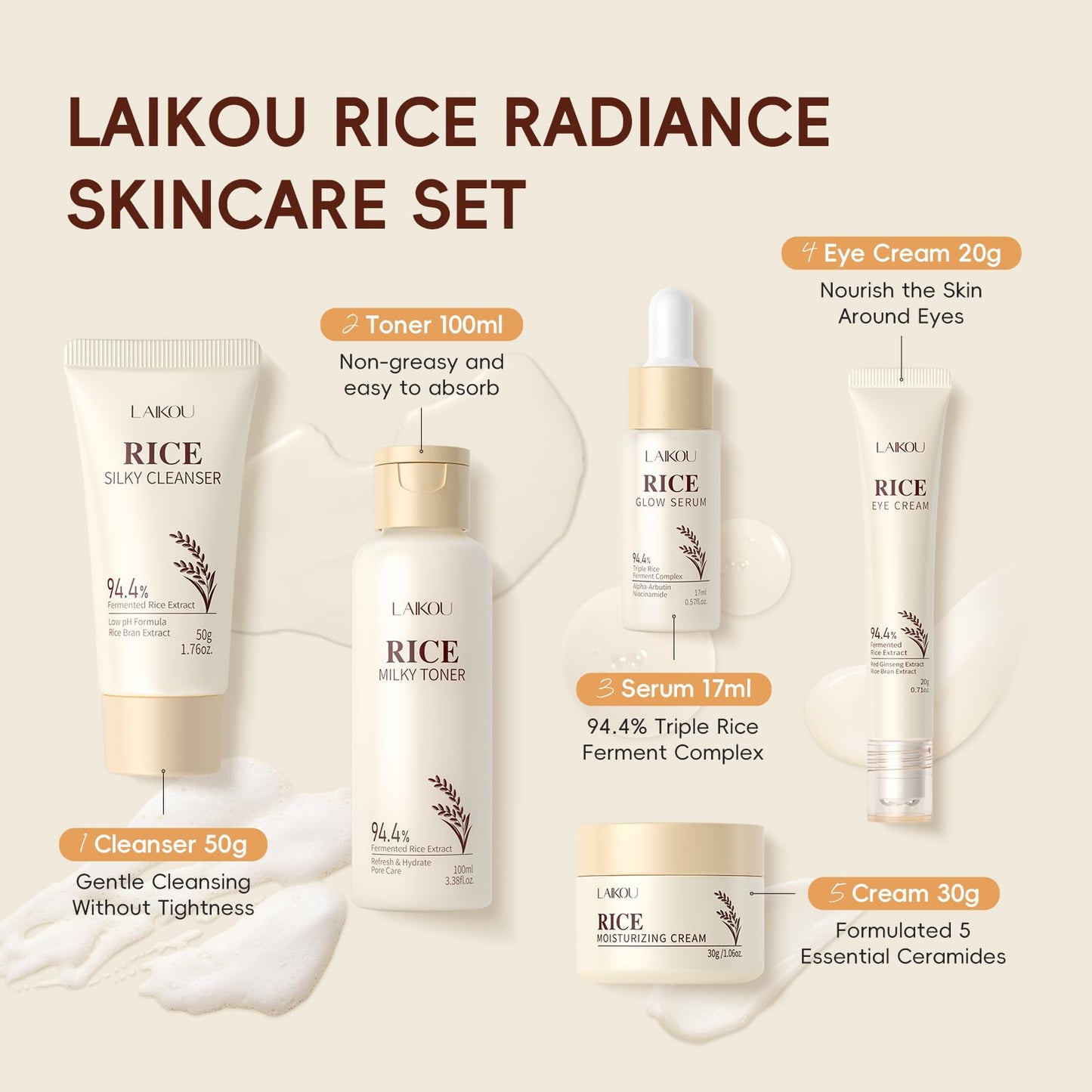 LAIKOU Skin Care Set, Korean Skin Care with Rice Cleanser, Toner, Serum, Eye Serum, Moisturizing Cream 5pcs for Women Teen Girls Mom Daughter Mother's Day Birthday Christmas Lover Korean Beauty