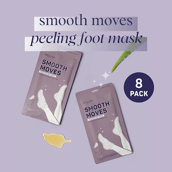 SpaLife Beauty Smooth Moves Peeling Foot Masks for Callus Removal – Foot Peel for Dry, Cracked Feet – Made with Natural Fruit Acids AHAs, Honey, Aloe, & Eucalyptus for Softer, Smoother Feet – 8 Pack