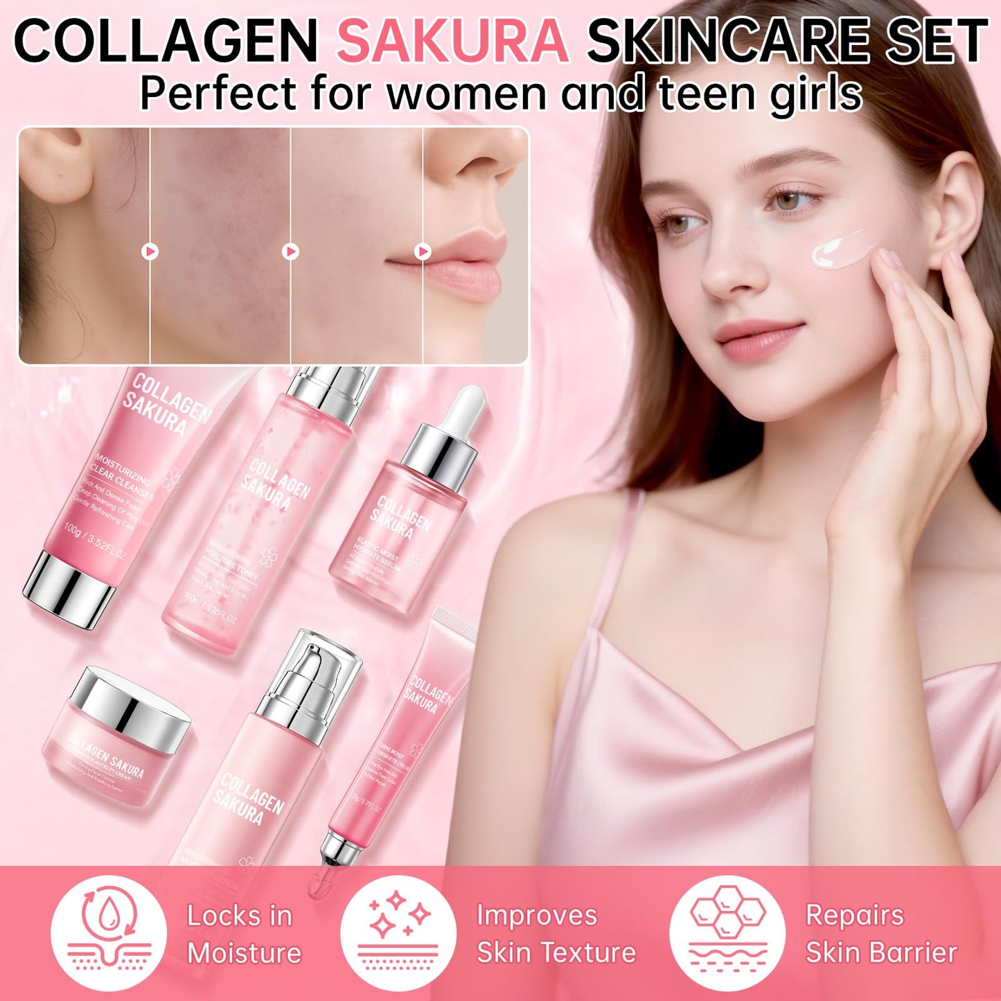 Collagen Sakura Skincare Gift Set, Cherry Blossom Skin Care Set for Teen Girls & Women, Moisturizing & Revitalizing Skin, 6Pcs Collagen Skin Care Routine Kits for Face, Korean Daily Skin Care