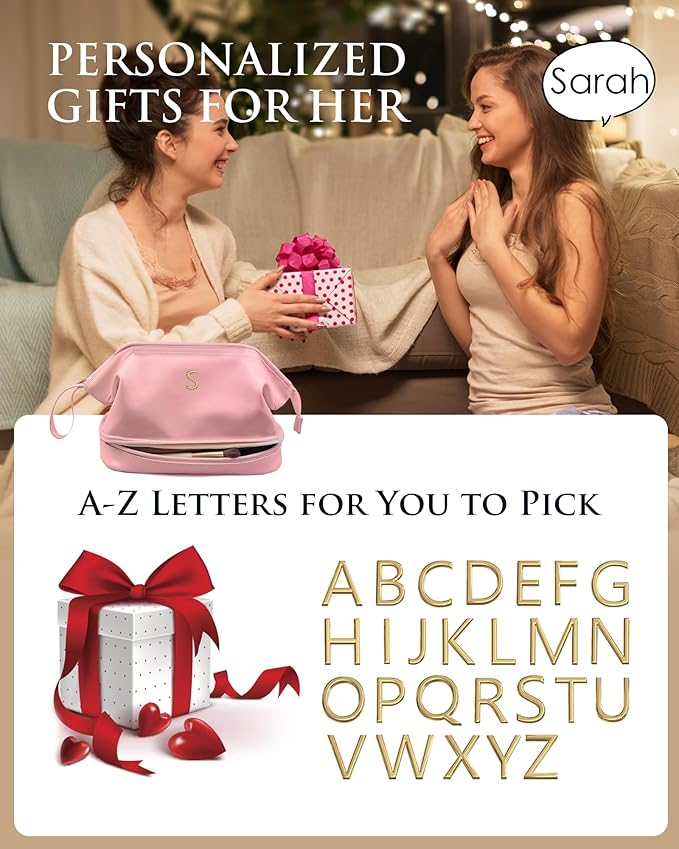 Gifts for Girls, Initial Large Makeup Bag, Personalized Double Layer Cosmetic Bag with Makeup Brush Organizer, PU Leather Travel Toiletry Bag Gift For Daughter, Preppy Things For Girls