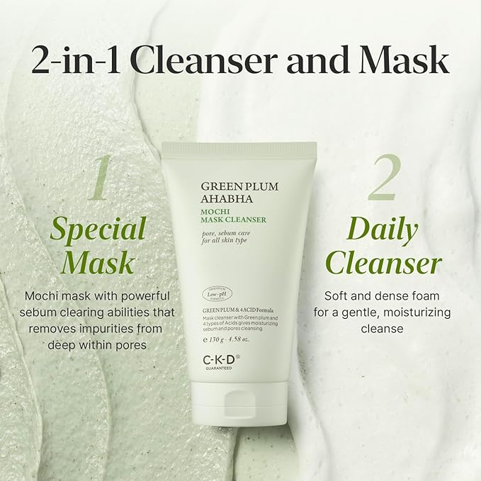 CKD Green Plum AHA·BHA Mochi Mask Face Cleanser - Dual-Action Makeup Remover and Daily Facial Wash with Controls Sebum, Tightens Pores, Removes Blackheads. All Skin Types. 4.58 oz