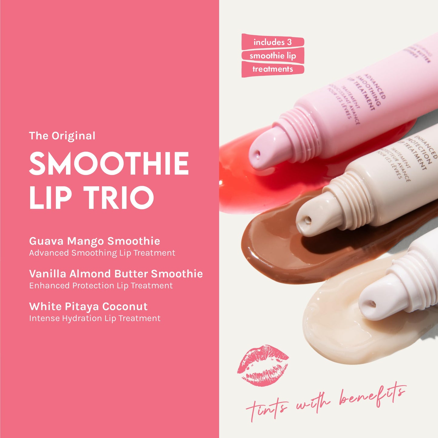 ESW Beauty Smoothie Lip Treatment Set – White Pitaya Coconut, Guava Mango & Vanilla Almond Butter – Hydrating & Smoothing Lip Gloss Set
