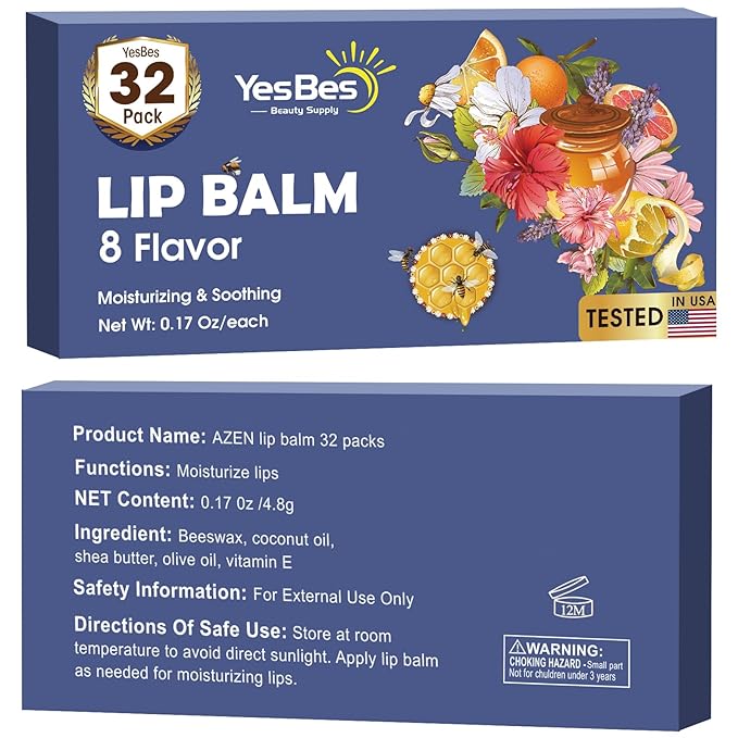 32 Pack Lip Balm, Natural Lip Flavors