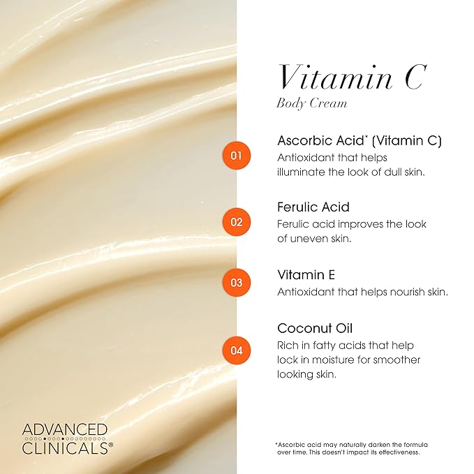 Advanced Clinicals Brightening Vitamin C Cream Moisturizer + Vitamin C Body Oil 2pc Skincare Set | Nourishing, Brightening, & Hydrating Body Oil & Body Lotion To Improve Appearance Of Dark Spots, 2pc
