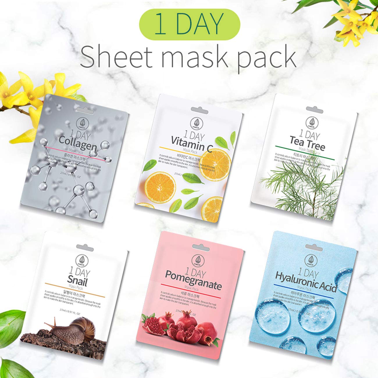MEDB 1 Day Snail & Vitamin C Mask Pack - 10 Sheet Set, Daily Facial Sheet Masks with Hyaluronic Acid, for Hydrating, Brightening & Even Glowy Complexion, Korean Skincare