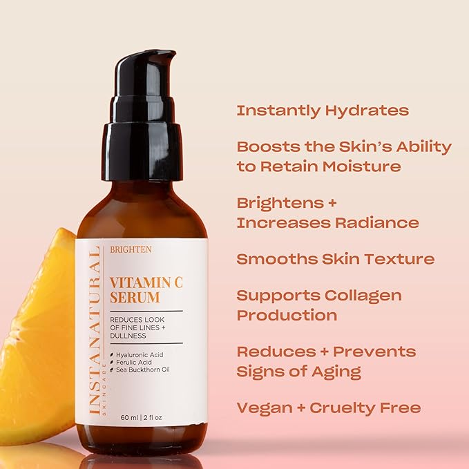 InstaNatural Vitamin C Face Serum with Hyaluronic Acid & Ferulic Acid | Brightening & Hydrating Formula for Radiant, Smooth-Looking Skin – 2 FL Oz