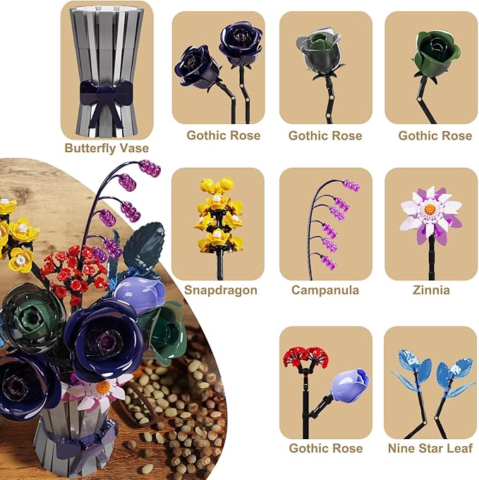 Flowers Bouquet Building Set 982 PCS Multiple Rose Botanical Collection Kit Artificial Flowers Botanical Collection DIY Unique Home&Office Bonsai Decoration Gift for Valentine's Day Christmas