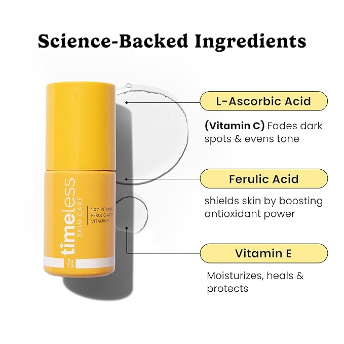 Timeless Skin Care Vitamin C Serum with Vitamin E & Ferulic Acid - Brightening Serum - for Oily & Dry Skin - Fragrance-Free - 1 oz