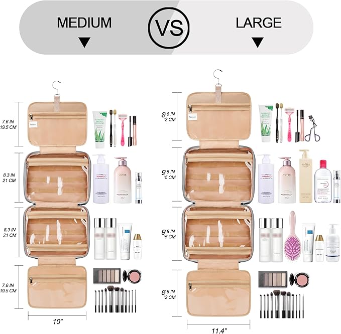 Travel Hanging Toiletry Bag for Women, with Jewelry Organizer Compartment, Medium Waterproof Hanging Makeup Accessories, Cosmetic Essentials, Toiletries Dopp Kit Set with Trolley Belt, Grey