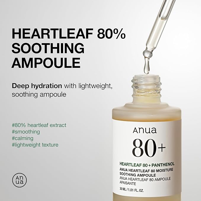 Anua Heartleaf 80 Soothing Ampoule, Hydration Facial Serum for Glass Skin, Panthenol, Hyaluronic Acid, Non-Greasy, Gentle Formula, Lightweight Essence, Vegan, Korean Skin Care, 30ml/1.01 fl.oz