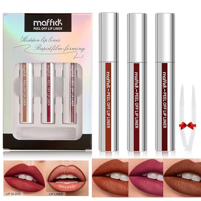 3PCS Peel Off Lip Liner Stain Set, Tattoo Lip Liner Peel Off Lip Stain with Tweezer, Long Lasting, Waterproof, Transfer-proof, Highly Pigmented Matte Finish Lip Tint Stain