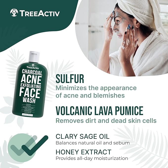 TreeActiv Acne Charcoal Face Wash 3.4 oz, Exfoliating Daily Honey & Sulfur Face Wash - Sulfur Acne Treatment Cleanser Face Soap, Mens Face Wash, Deep Cleansing Moisturizing Face Wash for Women and Men