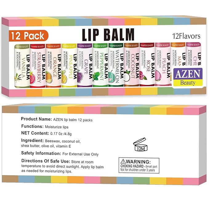 AZEN 12 Pack Lip Balm, Natural