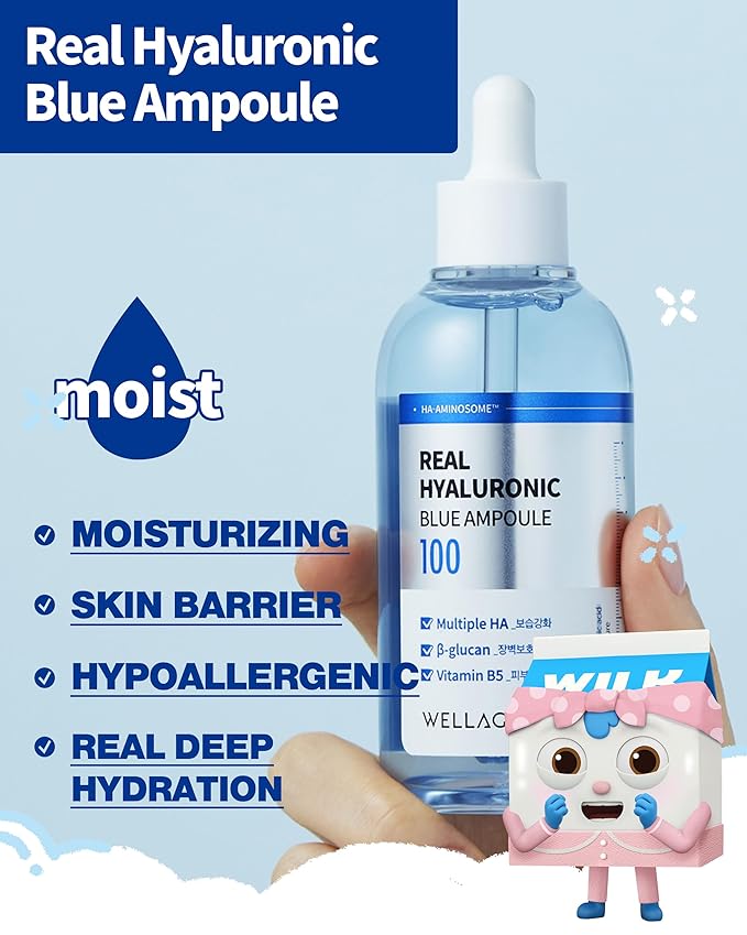 WELLAGE Real Hyaluronic Blue Ampoule 100, Korean Skincare, Fragrance Free Hyaluronic Acid Serum with Panthenol, Wild yam, Centella, Deep Hydration, Firming, Plumping, Non-Sticky 3.38 fl.oz.+2.54 fl.oz