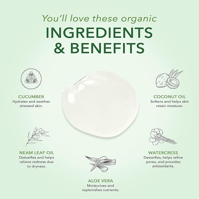 Nourish Organic Moisturizing Face Cleanser for All Skin Types, Watercress + Cucumber Face Wash, Fragrance-Free (6 Oz) + Washable Cotton Round