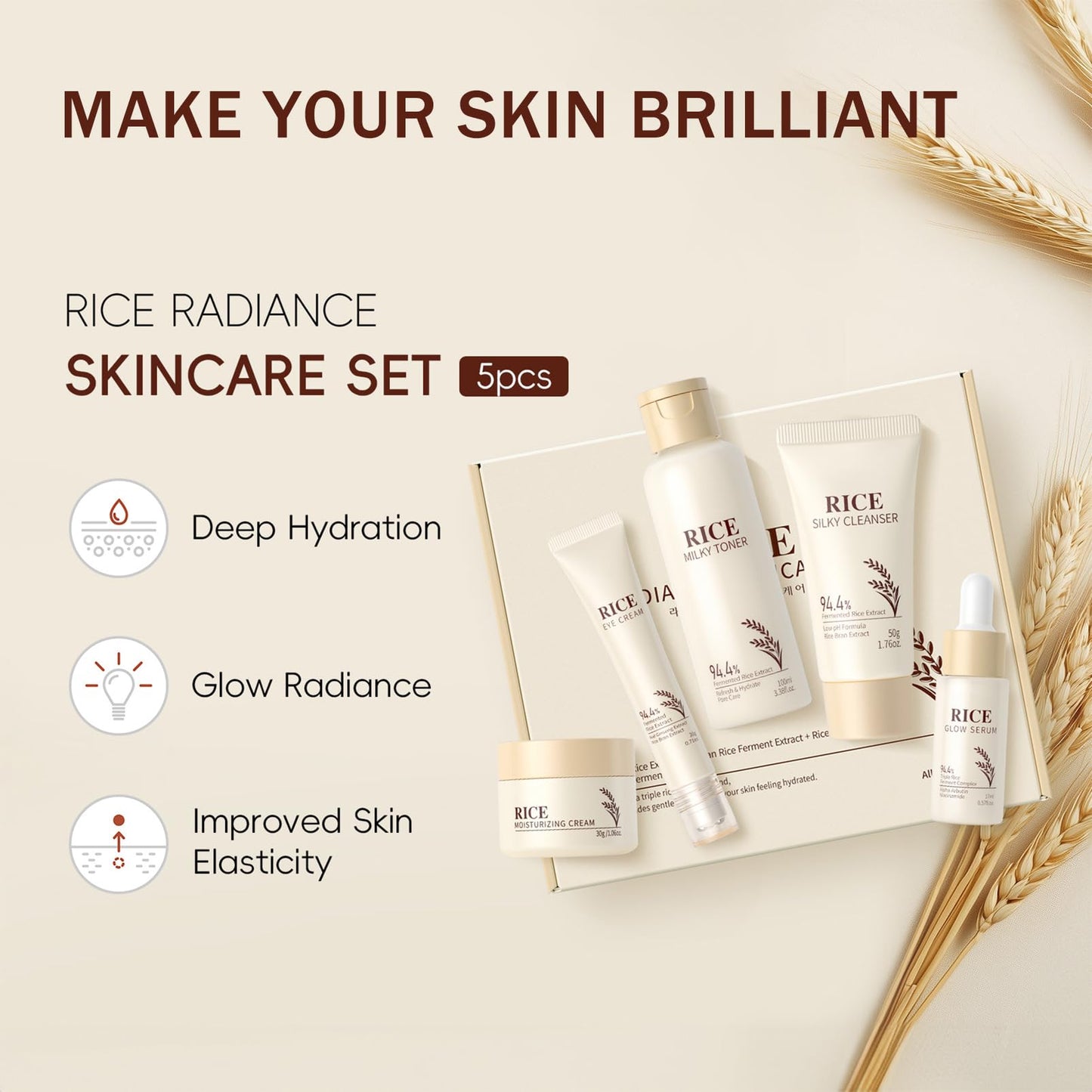 5PCS Rice Skin Care Set for Women & Teen Girls – Facial Kit for Women with Cleanser, Toner, Serum, Eye Cream & Face Cream – Travel Size Skincare Set Soothing & Moisture-Locking Daily Skincare Gift Set