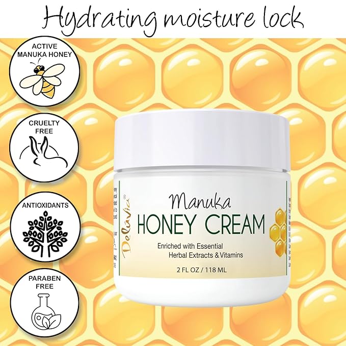Deluvia Manuka Honey Cream | Hydrating & Soothing Moisturizer Face & Body Lotion | for Sensitive Skin, Eczema, Psoriasis & Dermatitis (2 oz Pack of 1)