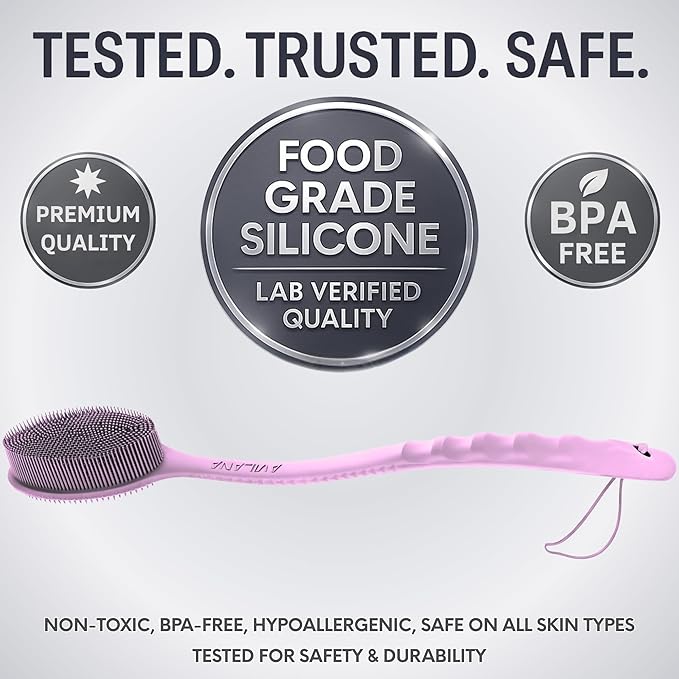 Avilana Silicone Body Scrubber – Gentle Shower Brush & Loofah Alternative- Food Grade & Lab Tested – Fast-Drying, Hygienic, BPA-Free Silicone Body Gentle Exfoliator (Pink, Long Handle)